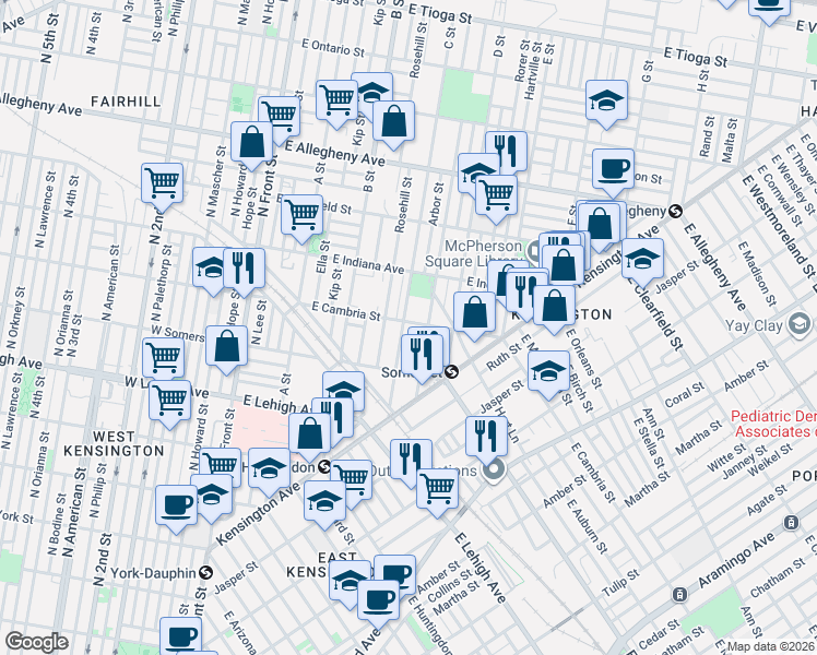 map of restaurants, bars, coffee shops, grocery stores, and more near 356 East Cambria Street in Philadelphia