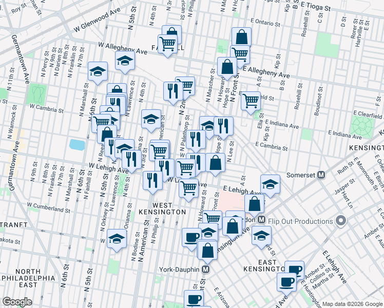 map of restaurants, bars, coffee shops, grocery stores, and more near 177 West Somerset Street in Philadelphia