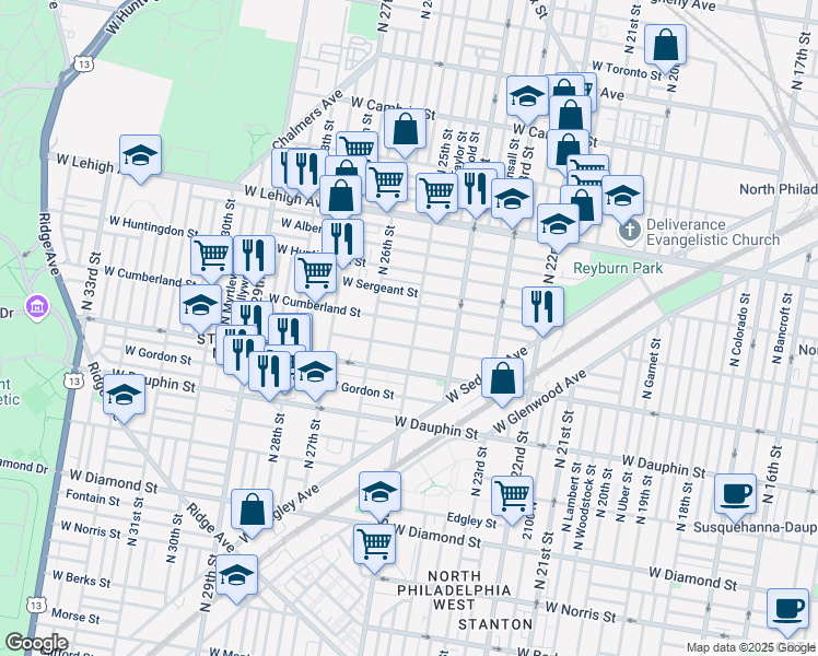 map of restaurants, bars, coffee shops, grocery stores, and more near 2528 West Cumberland Street in Philadelphia