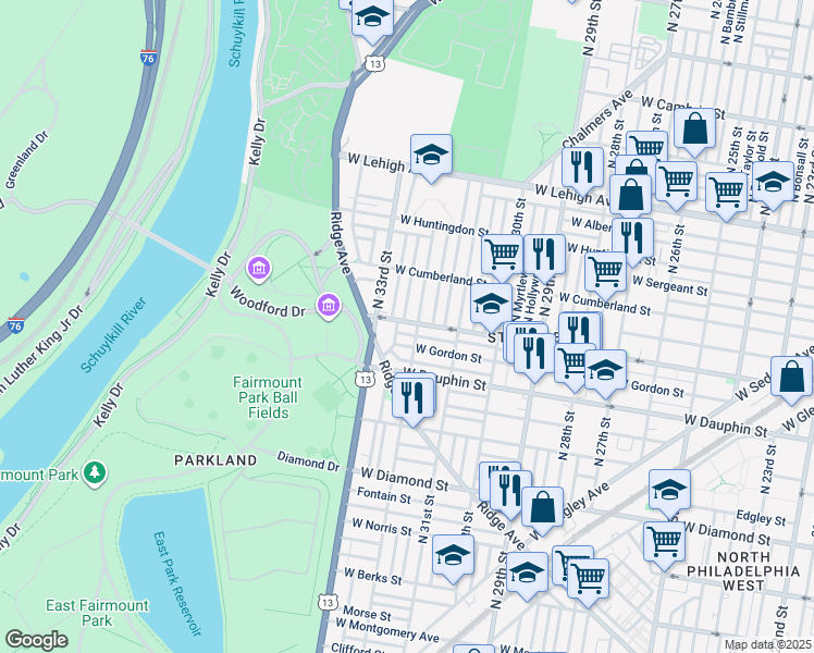 map of restaurants, bars, coffee shops, grocery stores, and more near 3200 West York Street in Philadelphia