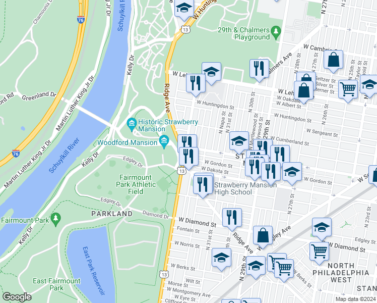 map of restaurants, bars, coffee shops, grocery stores, and more near 2327 North 33rd Street in Philadelphia