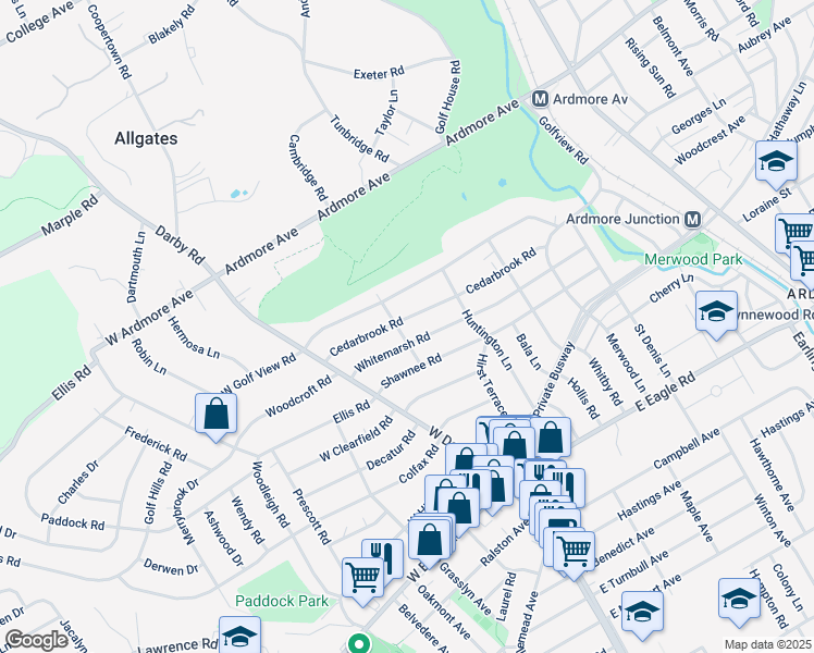 map of restaurants, bars, coffee shops, grocery stores, and more near 101 Cedarbrook Road in Ardmore