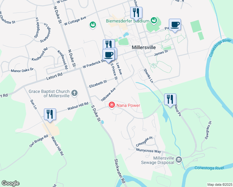 map of restaurants, bars, coffee shops, grocery stores, and more near 102 Hillview Avenue in Millersville