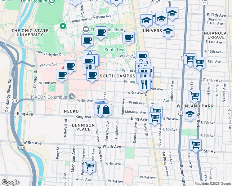 map of restaurants, bars, coffee shops, grocery stores, and more near in Columbus