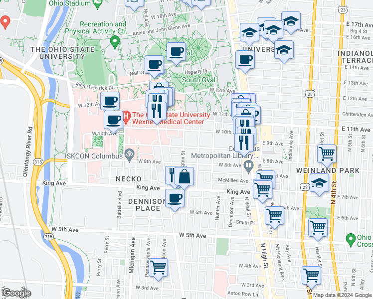 map of restaurants, bars, coffee shops, grocery stores, and more near in Columbus