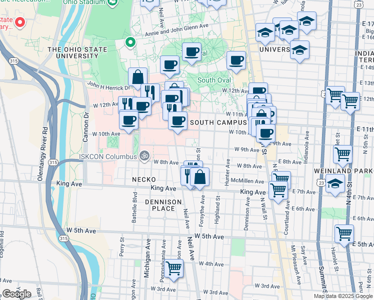 map of restaurants, bars, coffee shops, grocery stores, and more near 247 West 9th Avenue in Columbus