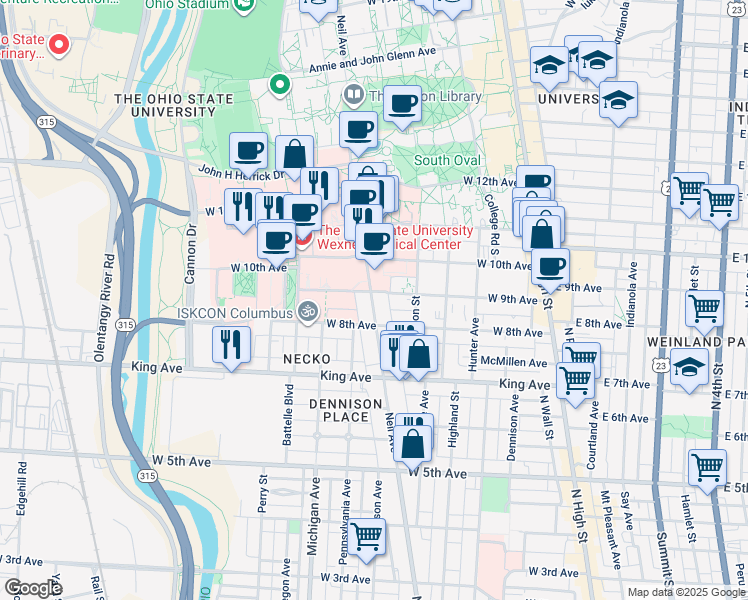 map of restaurants, bars, coffee shops, grocery stores, and more near in Columbus