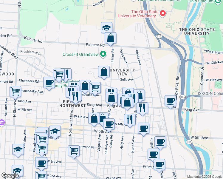 map of restaurants, bars, coffee shops, grocery stores, and more near 1672 Kenny Road in Columbus