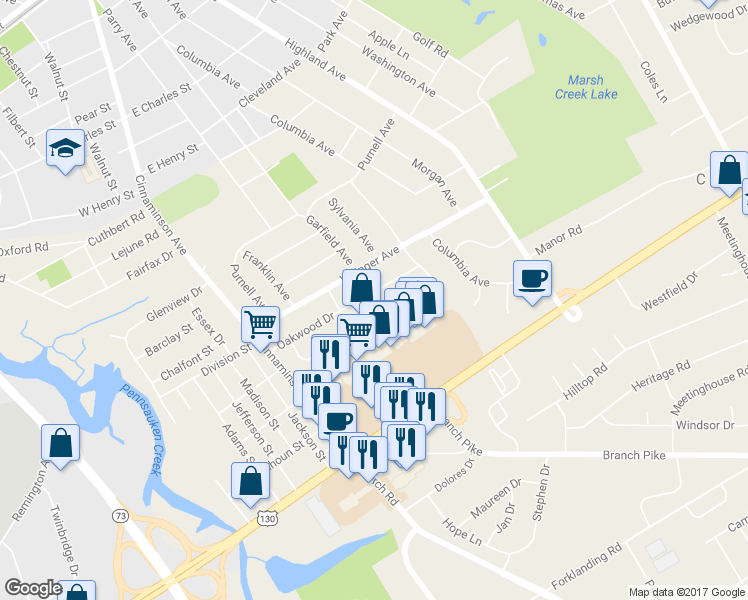 map of restaurants, bars, coffee shops, grocery stores, and more near 109 Oakwood Drive in Cinnaminson