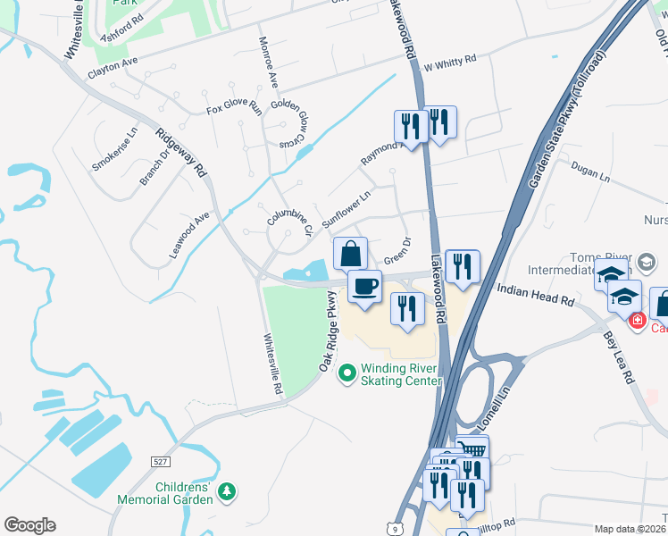 map of restaurants, bars, coffee shops, grocery stores, and more near 18 Bellflower Court in Toms River
