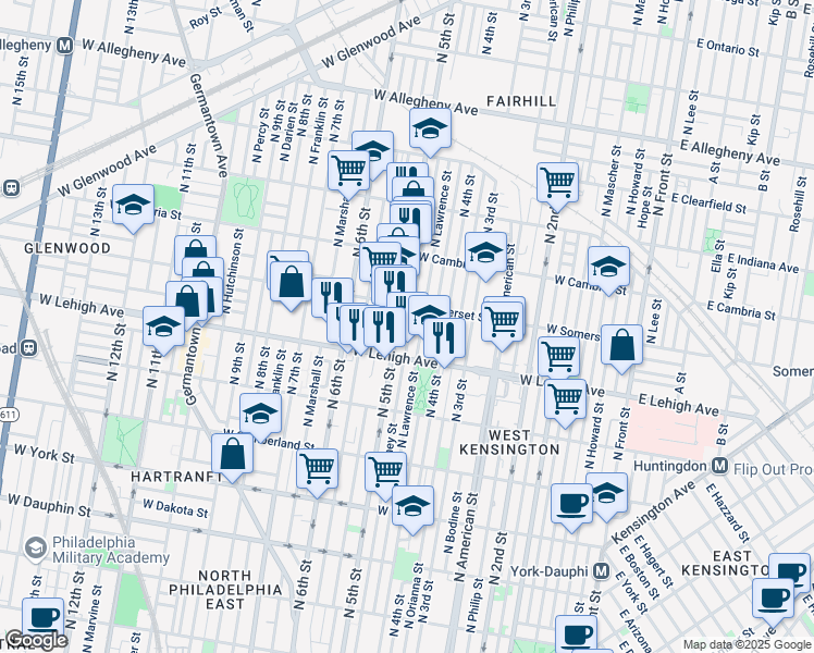 map of restaurants, bars, coffee shops, grocery stores, and more near 2740 North Orkney Street in Philadelphia