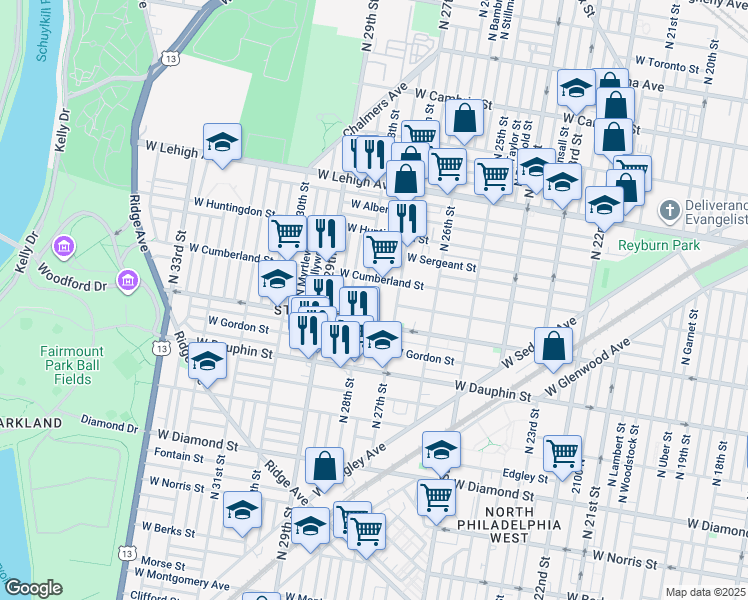 map of restaurants, bars, coffee shops, grocery stores, and more near 2432 North Marston Street in Philadelphia