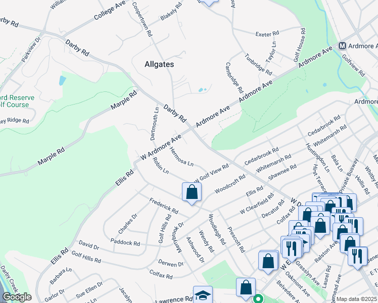 map of restaurants, bars, coffee shops, grocery stores, and more near 3046 Sulgrave Road in Ardmore
