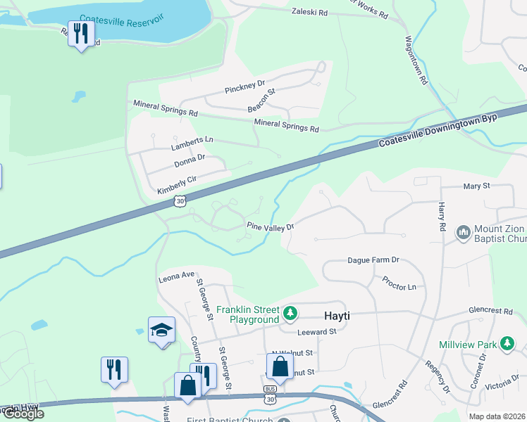 map of restaurants, bars, coffee shops, grocery stores, and more near 47 Hogan Place in Coatesville