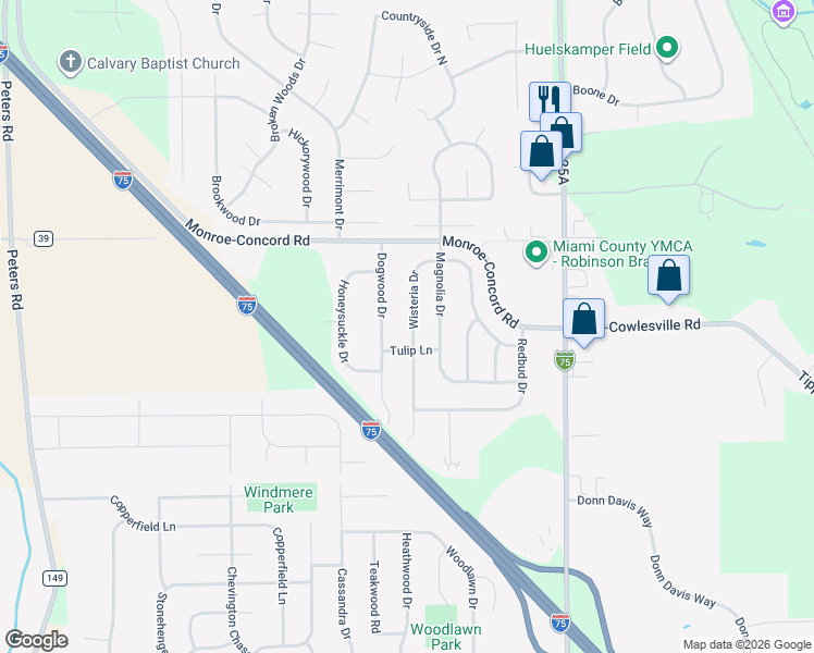 map of restaurants, bars, coffee shops, grocery stores, and more near 555 Wisteria Drive in Troy