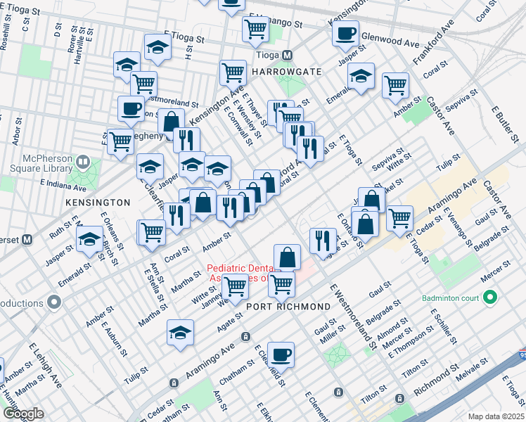 map of restaurants, bars, coffee shops, grocery stores, and more near 2095 East Willard Street in Philadelphia