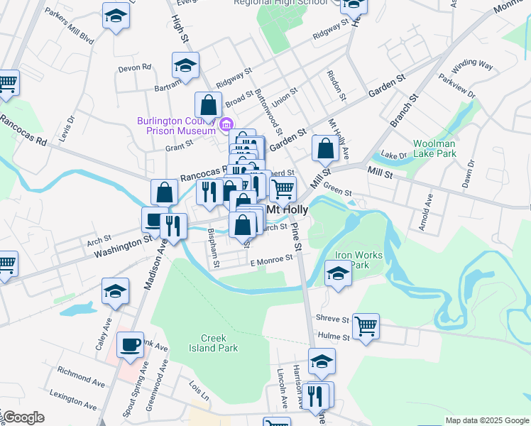 map of restaurants, bars, coffee shops, grocery stores, and more near 32 Mill Street in Mount Holly