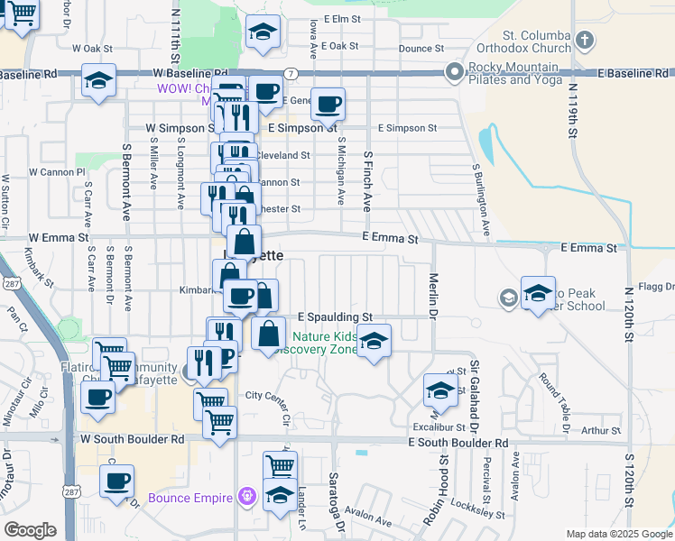 map of restaurants, bars, coffee shops, grocery stores, and more near 708 Cardinal Drive in Lafayette