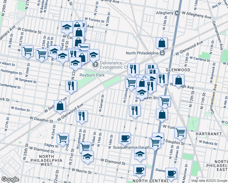 map of restaurants, bars, coffee shops, grocery stores, and more near 2558 North Cleveland Street in Philadelphia