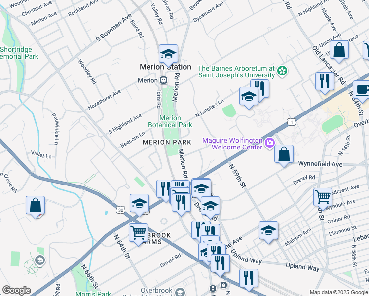map of restaurants, bars, coffee shops, grocery stores, and more near 539 Greystone Road in Merion Station
