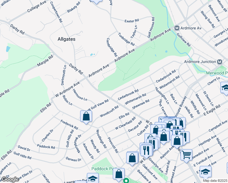 map of restaurants, bars, coffee shops, grocery stores, and more near 12 Golfview Road in Ardmore