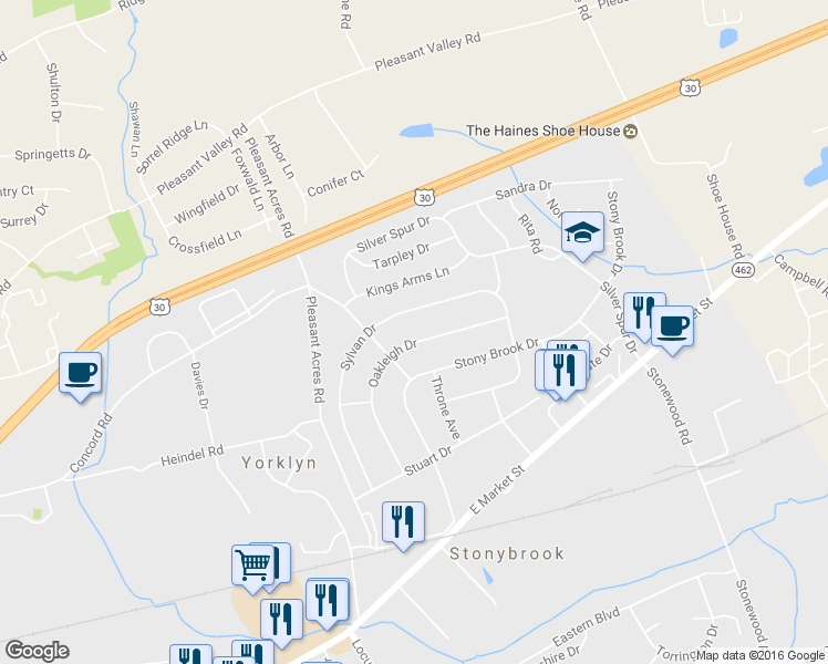 map of restaurants, bars, coffee shops, grocery stores, and more near 3819 Oakleigh Drive in York