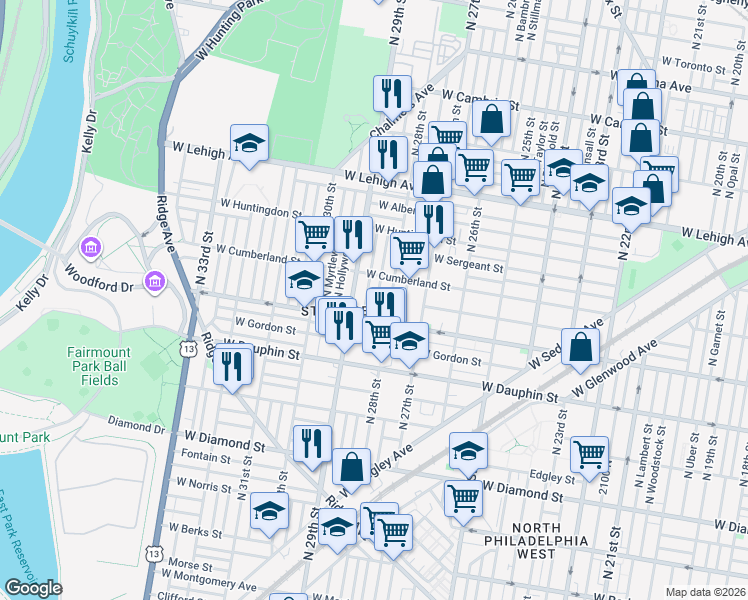 map of restaurants, bars, coffee shops, grocery stores, and more near 2430 North Newkirk Street in Philadelphia