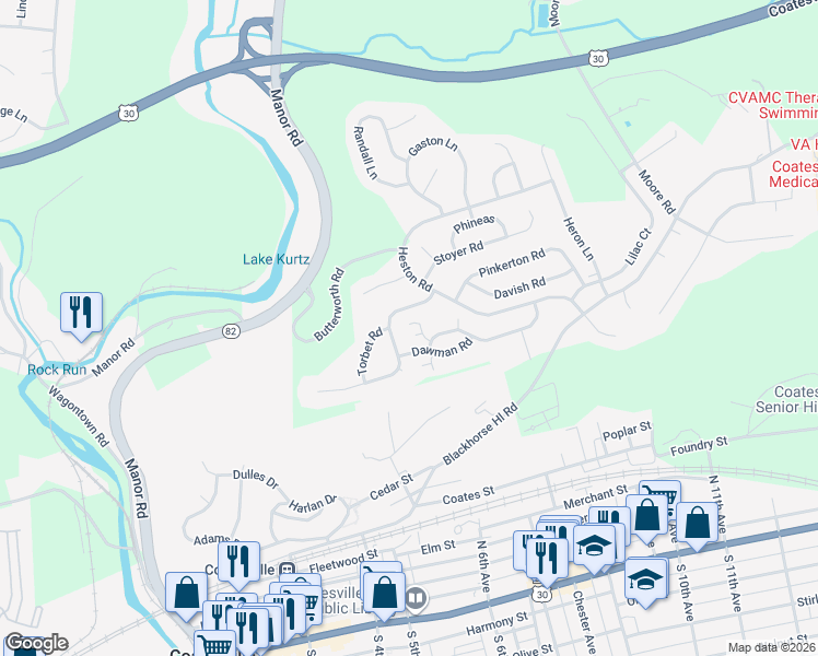 map of restaurants, bars, coffee shops, grocery stores, and more near 1605 Hulnick Road in Coatesville