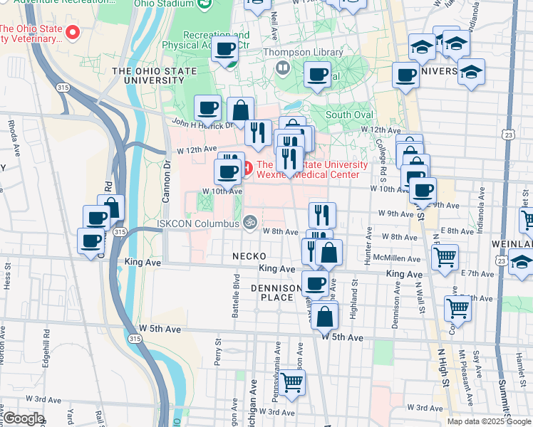 map of restaurants, bars, coffee shops, grocery stores, and more near 337 West 9th Avenue in Columbus