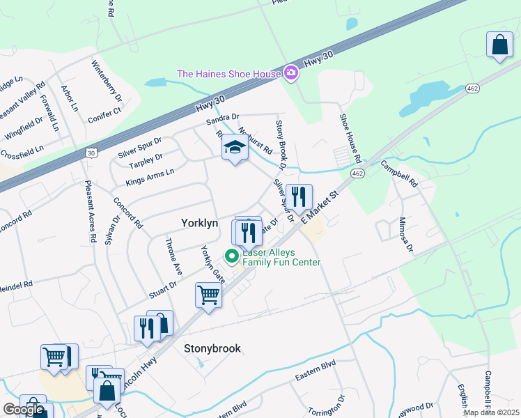 map of restaurants, bars, coffee shops, grocery stores, and more near 120 Valley Brook Drive in York