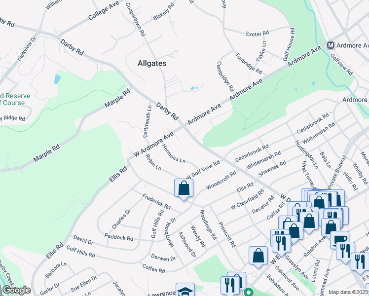 map of restaurants, bars, coffee shops, grocery stores, and more near 3046 Sulgrave Road in Ardmore