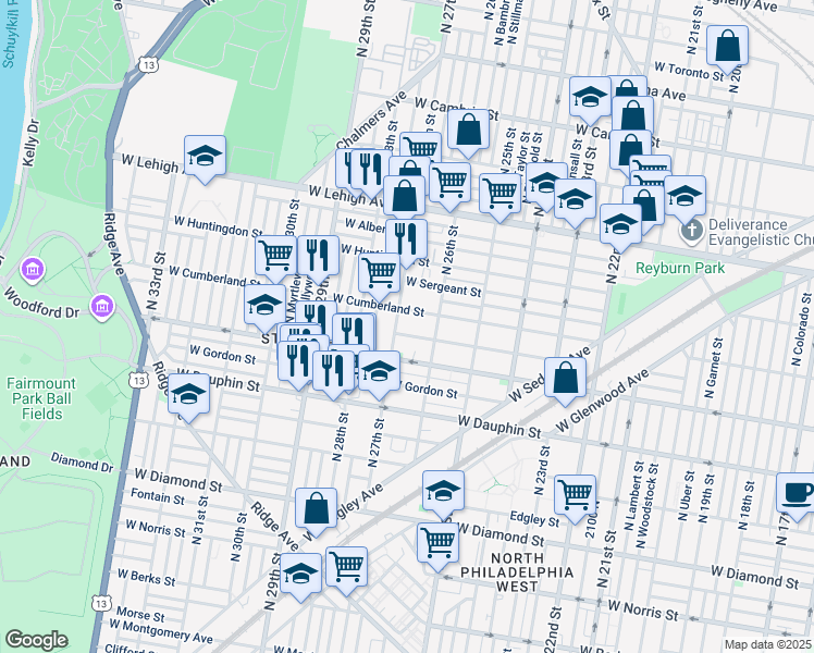 map of restaurants, bars, coffee shops, grocery stores, and more near 2633 West Hagert Street in Philadelphia