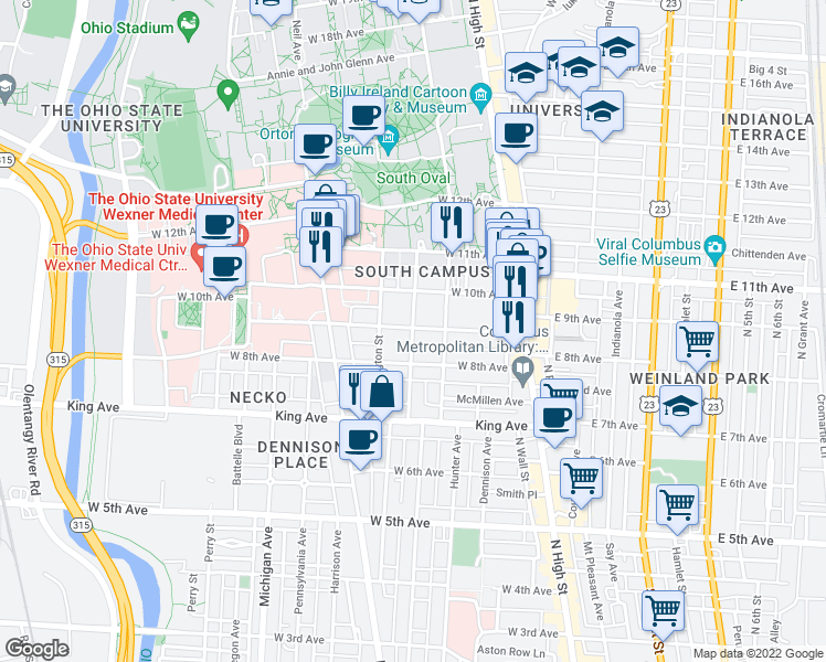 map of restaurants, bars, coffee shops, grocery stores, and more near 1520 Highland Street in Columbus