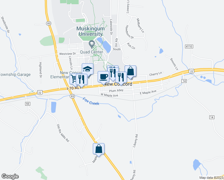 map of restaurants, bars, coffee shops, grocery stores, and more near 14 Depot Street in New Concord