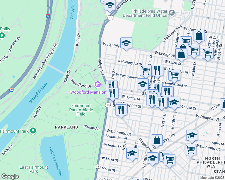 map of restaurants, bars, coffee shops, grocery stores, and more near 2327 N 33rd St in Philadelphia