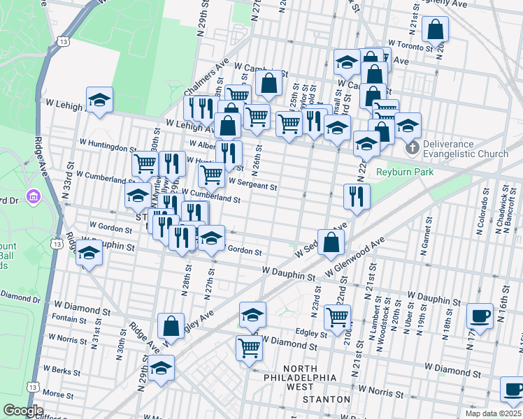 map of restaurants, bars, coffee shops, grocery stores, and more near 2528 West Cumberland Street in Philadelphia