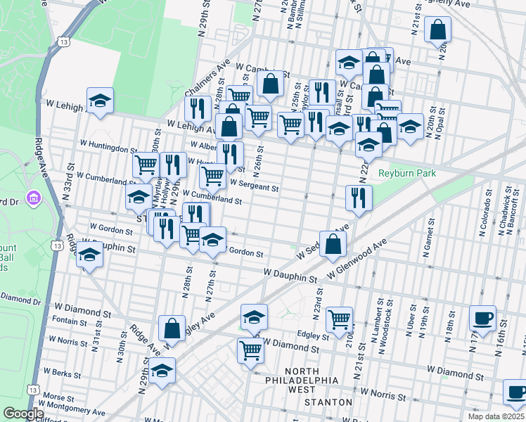 map of restaurants, bars, coffee shops, grocery stores, and more near 2526 West Cumberland Street in Philadelphia