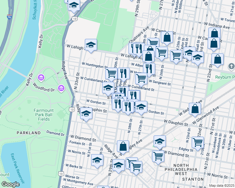 map of restaurants, bars, coffee shops, grocery stores, and more near 2418 North Hollywood Street in Philadelphia