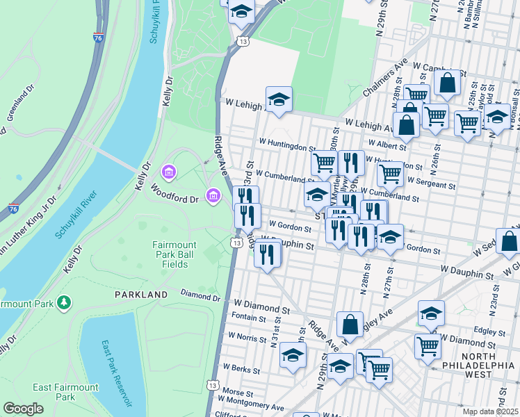 map of restaurants, bars, coffee shops, grocery stores, and more near 3220 West York Street in Philadelphia