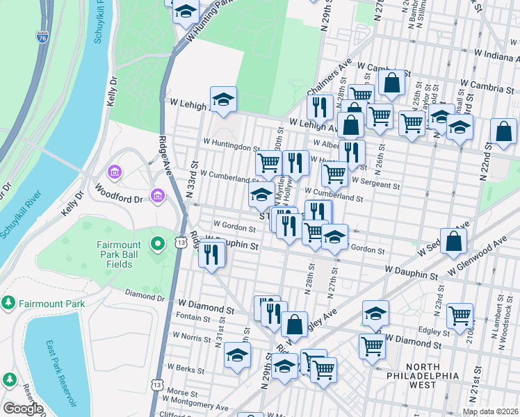 map of restaurants, bars, coffee shops, grocery stores, and more near 2413 North Corlies Street in Philadelphia