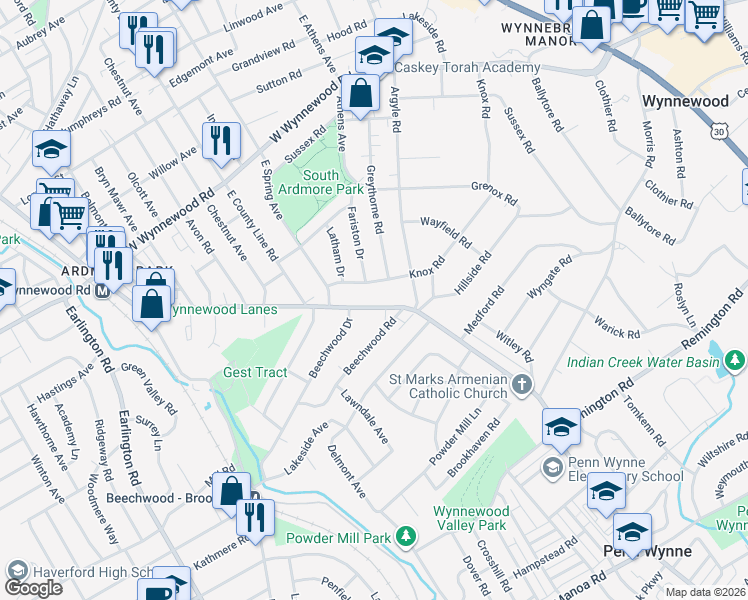 map of restaurants, bars, coffee shops, grocery stores, and more near 553 Haverford Road in Wynnewood