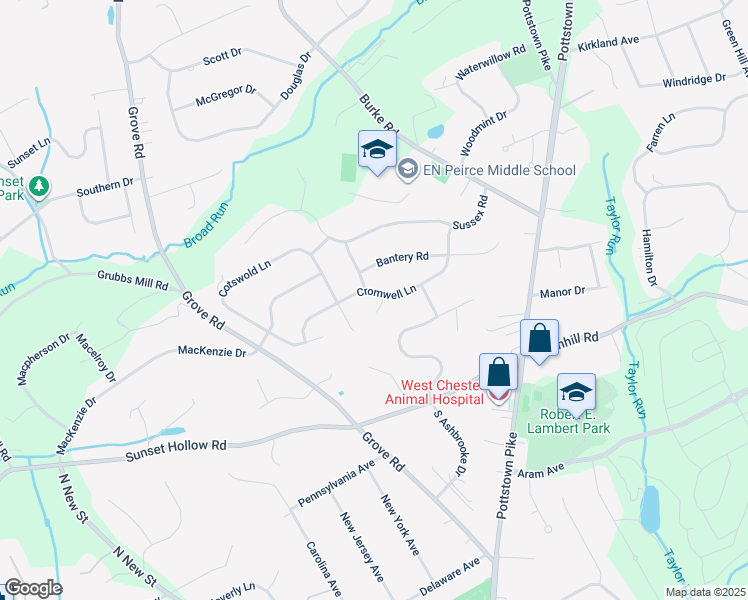 map of restaurants, bars, coffee shops, grocery stores, and more near 143 Cromwell Lane in West Chester