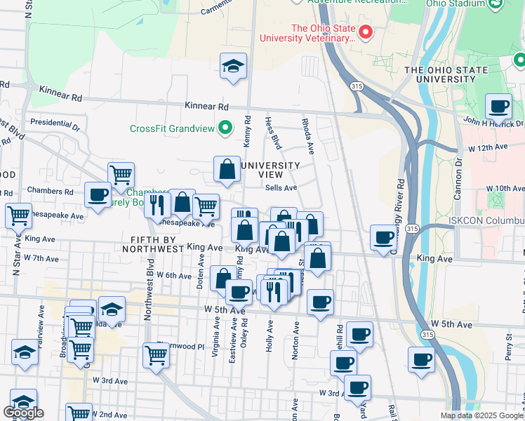 map of restaurants, bars, coffee shops, grocery stores, and more near 1006 Chambers Road in Columbus