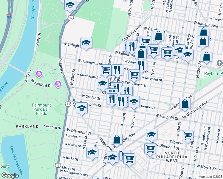 map of restaurants, bars, coffee shops, grocery stores, and more near 2418 North Hollywood Street in Philadelphia