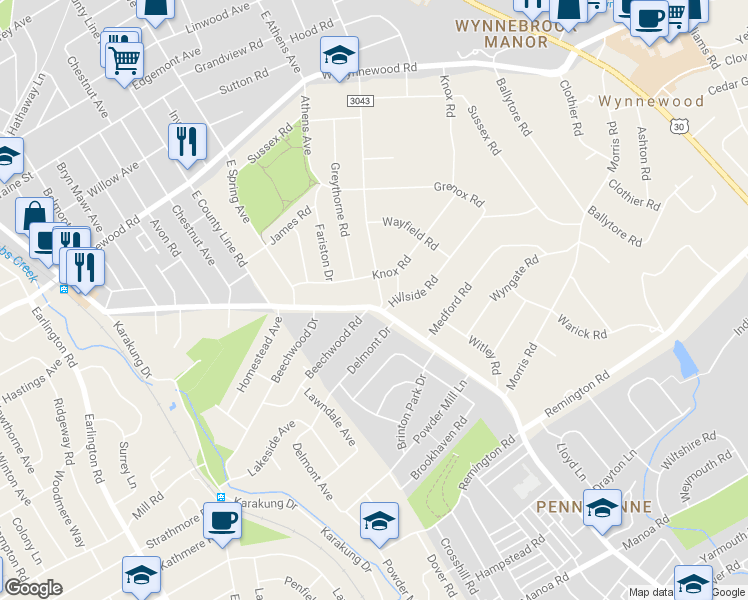 map of restaurants, bars, coffee shops, grocery stores, and more near 539 Haverford Road in Wynnewood