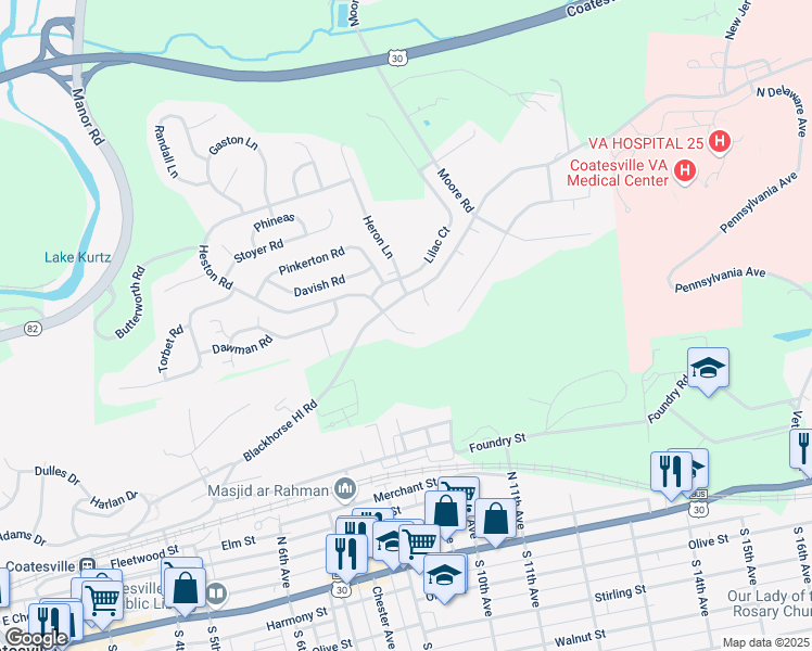 map of restaurants, bars, coffee shops, grocery stores, and more near 212 Kendig Lane in Coatesville