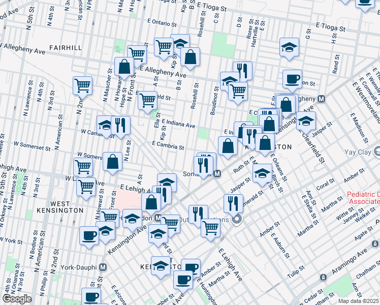 map of restaurants, bars, coffee shops, grocery stores, and more near 356 East Cambria Street in Philadelphia