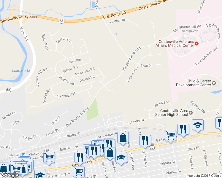 map of restaurants, bars, coffee shops, grocery stores, and more near 212 Kendig Lane in Coatesville