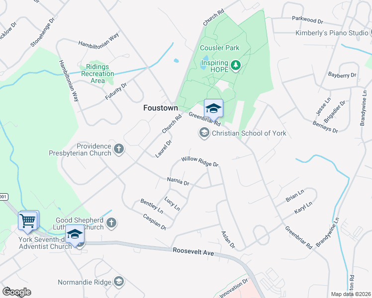 map of restaurants, bars, coffee shops, grocery stores, and more near 875 Willow Ridge Court in York