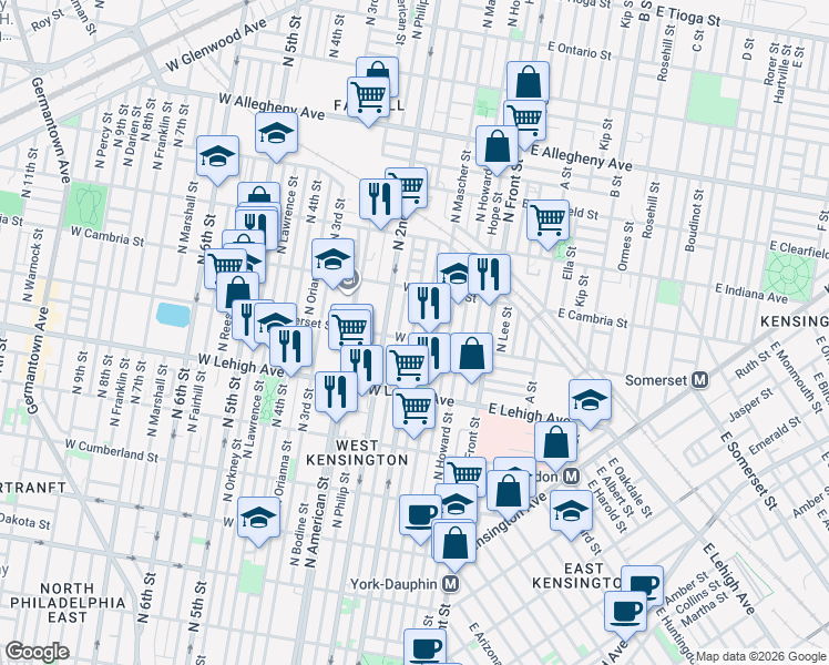 map of restaurants, bars, coffee shops, grocery stores, and more near 177 West Somerset Street in Philadelphia